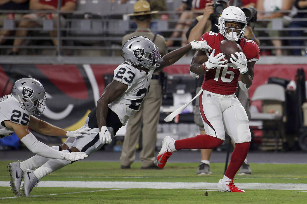 Arizona Cardinals wide receiver Trent Sherfield (16) pulls in a touchdown catch as Oakland Raid ...