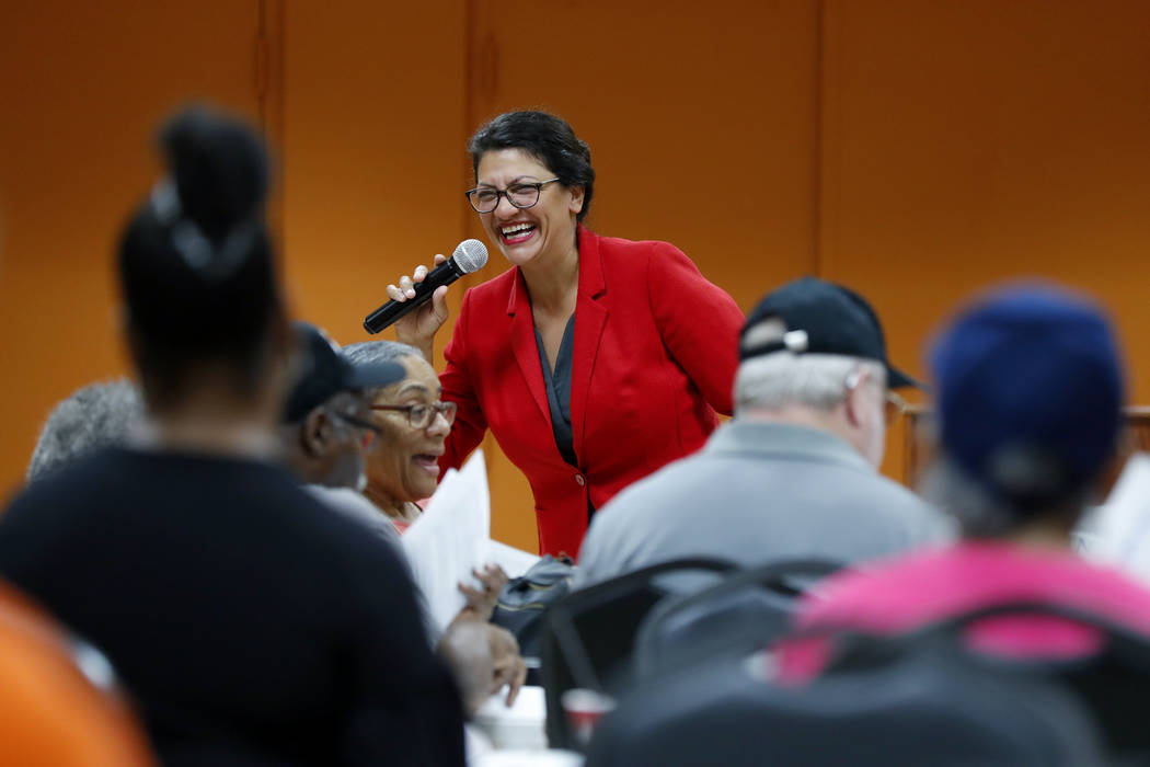 U.S. Rep. Rashida Tlaib, D-Mich., speaks to constituents in Wixom, Mich., Thursday, Aug. 15, 20 ...