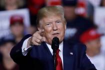 President Donald Trump speaks at a campaign rally, Thursday, Aug. 15, 2019, in Manchester, N.H. ...