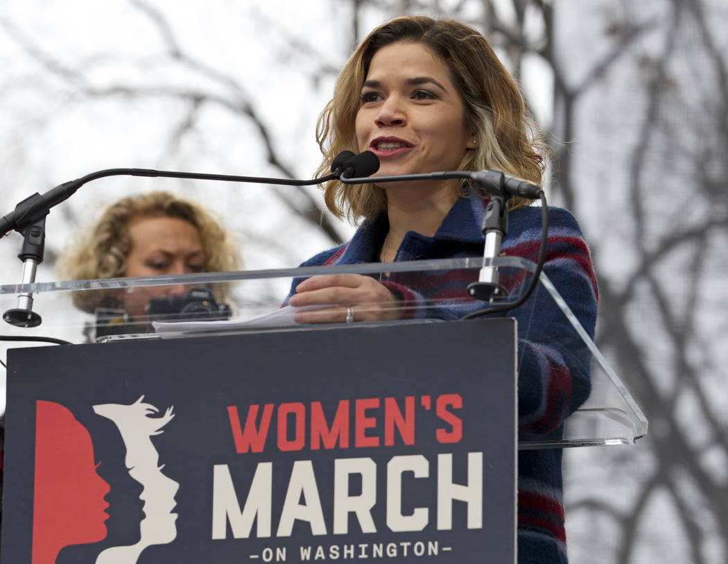 FILE - In this Jan. 21, 2017, file photo, actress America Ferrera speaks to the crowd during th ...
