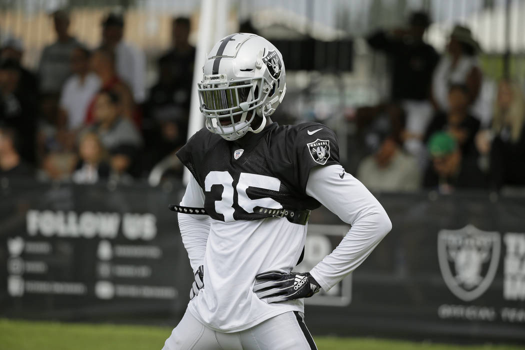Oakland Raiders free safety Curtis Riley (35) during NFL football training camp Monday, July 29 ...