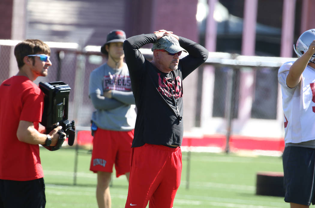 UNLV Rebels head coach Tony Sanchez reacts on a bad play during team practice on Tuesday, Aug. ...