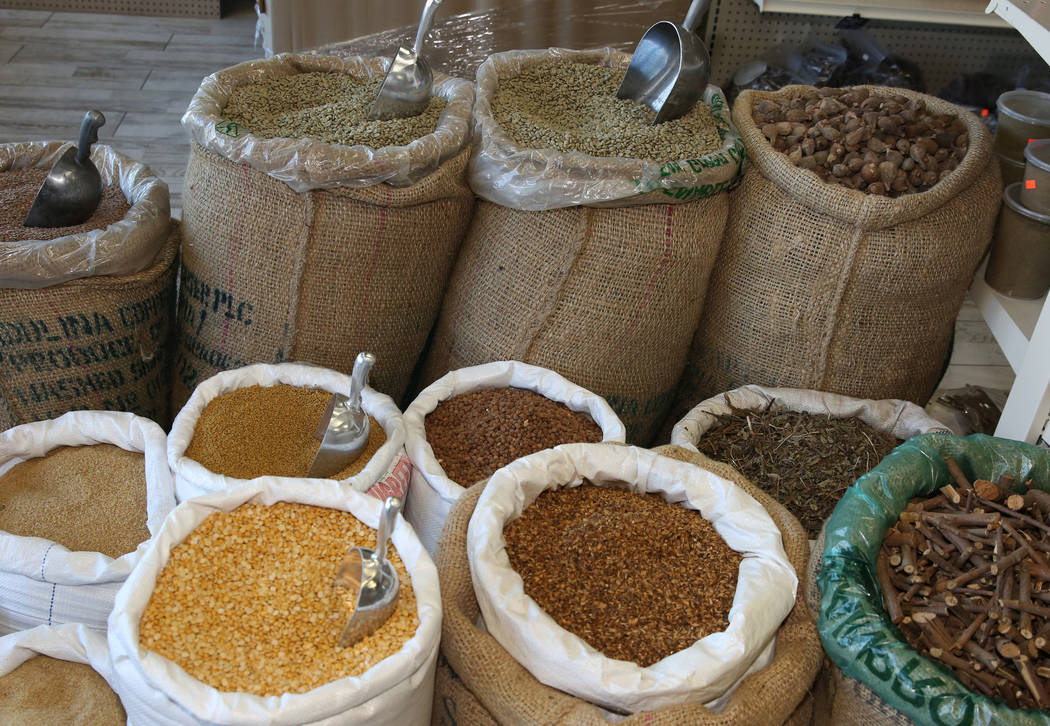 Ethiopian organic spices are displayed at Melkam Market, an Ethiopian store, on Thursday, Aug. ...