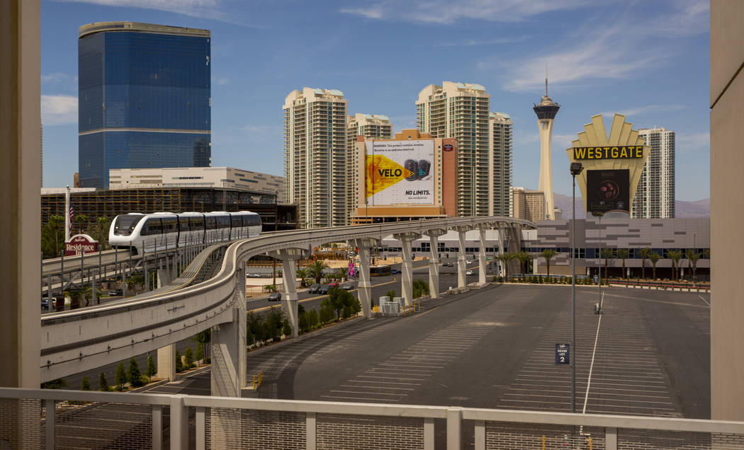 A train arrives at Las Vegas Convention Center Staion from the Westgate Station along the Las V ...