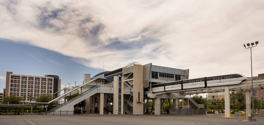 A train departs the Westgate Station along the Las Vegas Monorail system on Sunday, Aug. 18, 20 ...