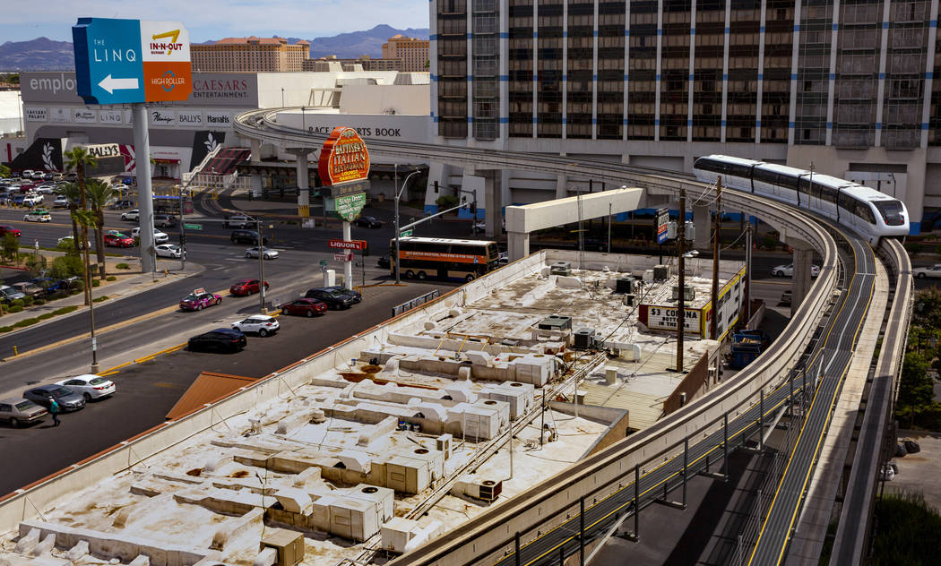 A train departs the Flamingo/Caesars Palace Station along the Las Vegas Monorail system on Sund ...
