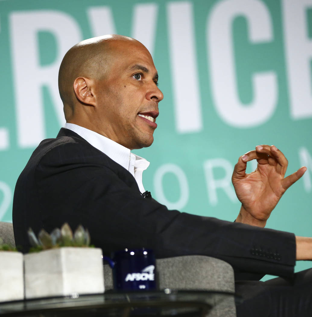 Sen. Cory Booker, D-N.J., speaks during a public forum for Democratic presidential candidates h ...