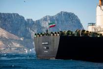 Renamed Adrian Aryra 1 super tanker hosting an Iranian flag sails in the waters in the British ...