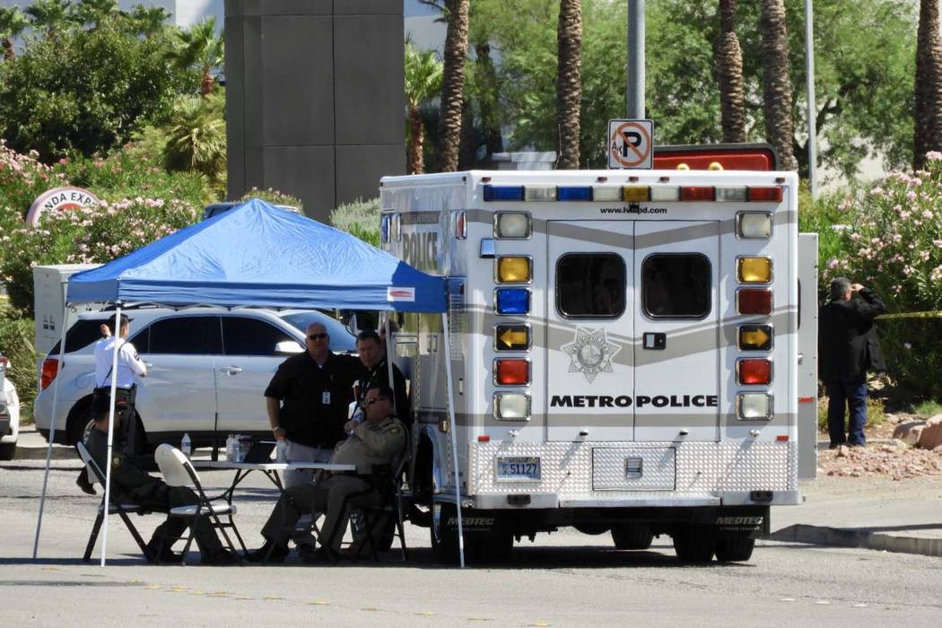 Las Vegas police investigate an officer-involved shooting at the Aquarius Casino in Laughlin on ...