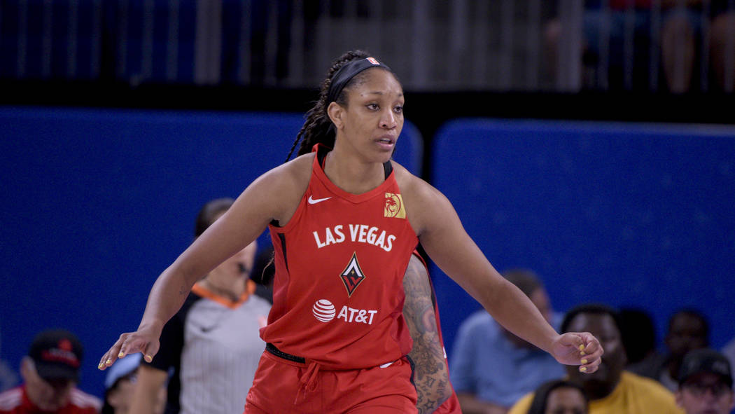 Las Vegas Aces center A'ja Wilson plays defense during the first half a WNBA basketball game ag ...