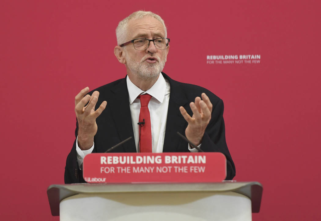Britain's main opposition Labour Party leader Jeremy Corbyn makes a speech during a visit to Pe ...