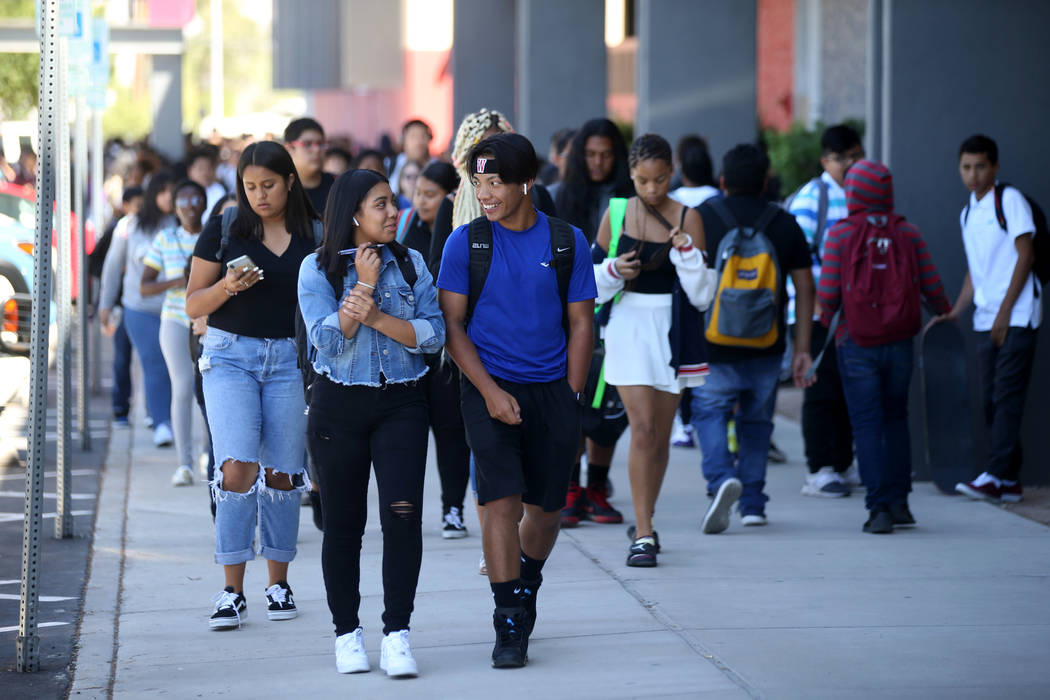 Students are dismissed from Western High School in Las Vegas Tuesday, Aug. 20, 2019. (K.M. Cann ...