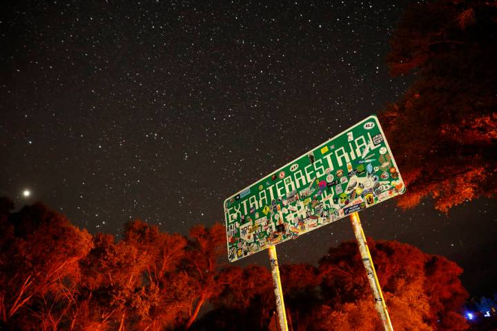 A sign advertises state route 375 as the Extraterrestrial Highway in Crystal Springs. The road ...