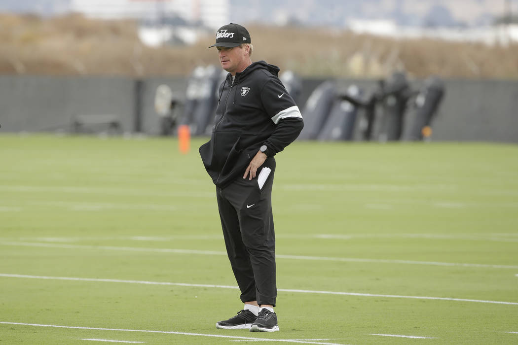Oakland Raiders head coach Jon Gruden watches during NFL football practice in Alameda, Calif., ...