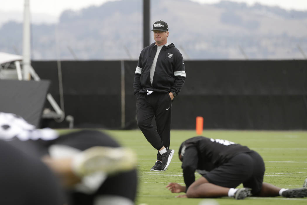 Oakland Raiders head coach Jon Gruden watches during NFL football practice in Alameda, Calif., ...
