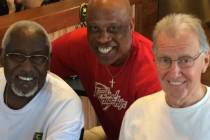 Former Pittsburgh pals and longtime Las Vegans Cle Edwards, left, Keith Starr, center, and Tim ...
