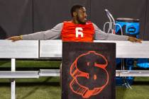 Rayshad Jackson (6) sits on the bench during the UNLV football team scrimmage at Sam Boyd Stadi ...