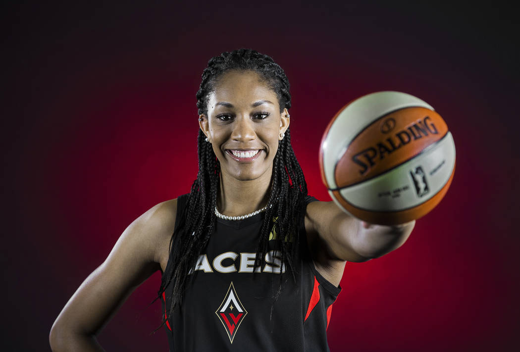 Aces center A'ja Wilson during media day on Monday, May 13, 2019, at Mandalay Bay Events Center ...