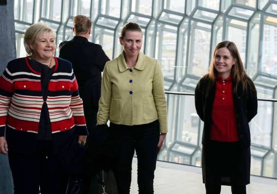 From left, Norway's Prime Minister Erna Solberg, Denmark's Prime Minister Mette Frederiksen and ...