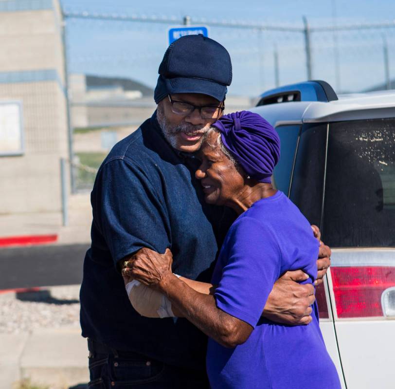 Paul Browning greets his mother, Betty, after being released from Ely State Prison on Wednesday ...