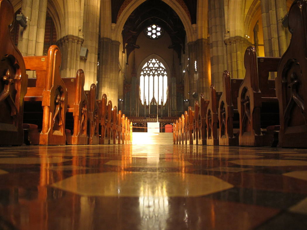 FILE - In this Sept. 9, 2018, file photo, pews line the shiny isle inside the St. Patrick's Cat ...