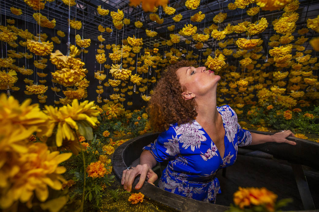 Tevis Holboron kisses a flower in the Superbloom Room at the new Happy Place popup at Mandalay ...