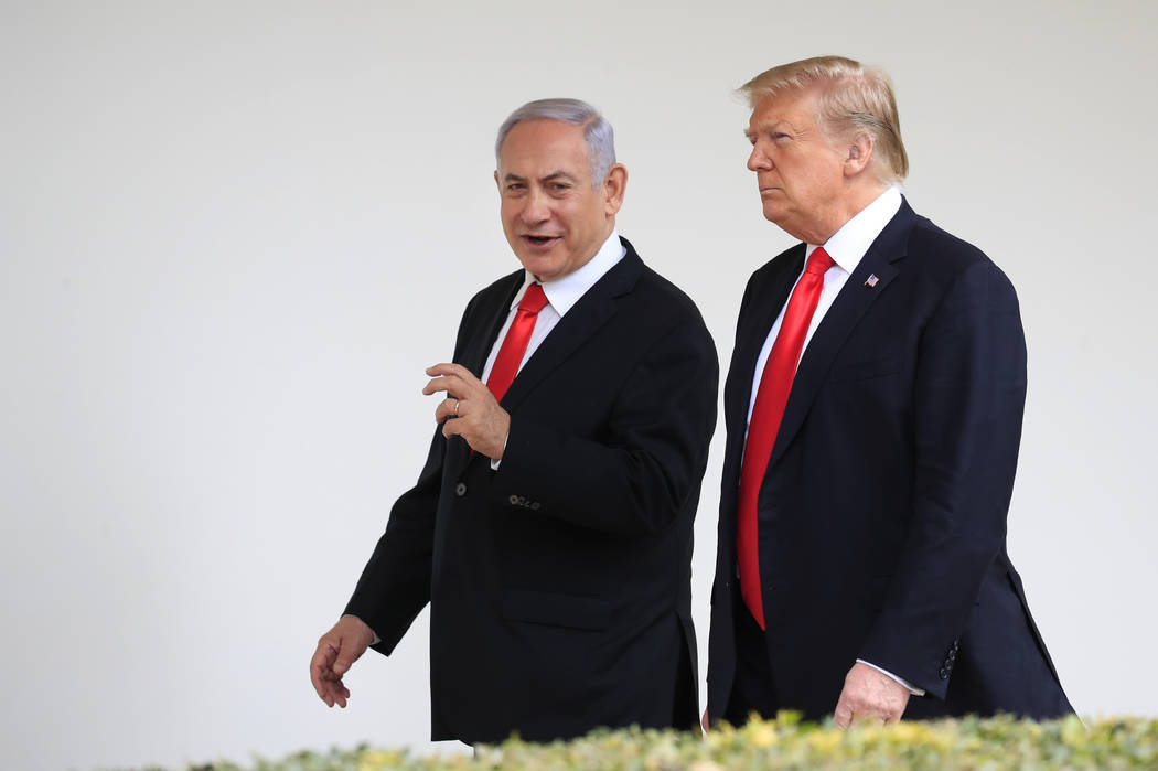 FILE - In this March 25, 2019, file photo, President Donald Trump and visiting Israeli Prime Mi ...