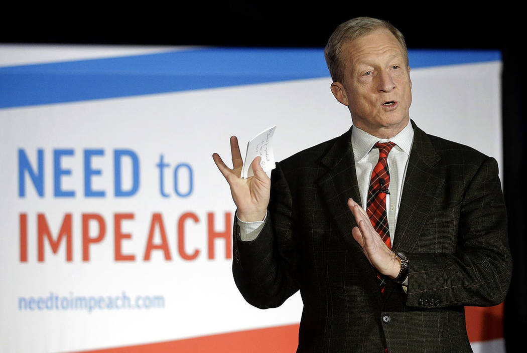 Billionaire investor and Democratic activist Tom Steyer speaks during a "Need to Impeach" town ...
