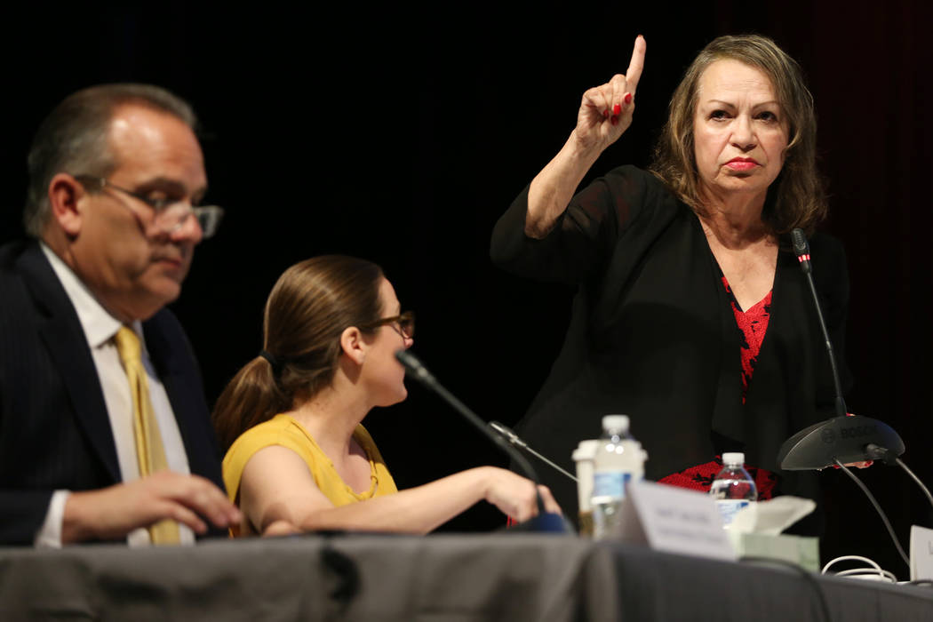 Clark County School District Board of Trustees Vice President Linda Cavazos right, addresses at ...