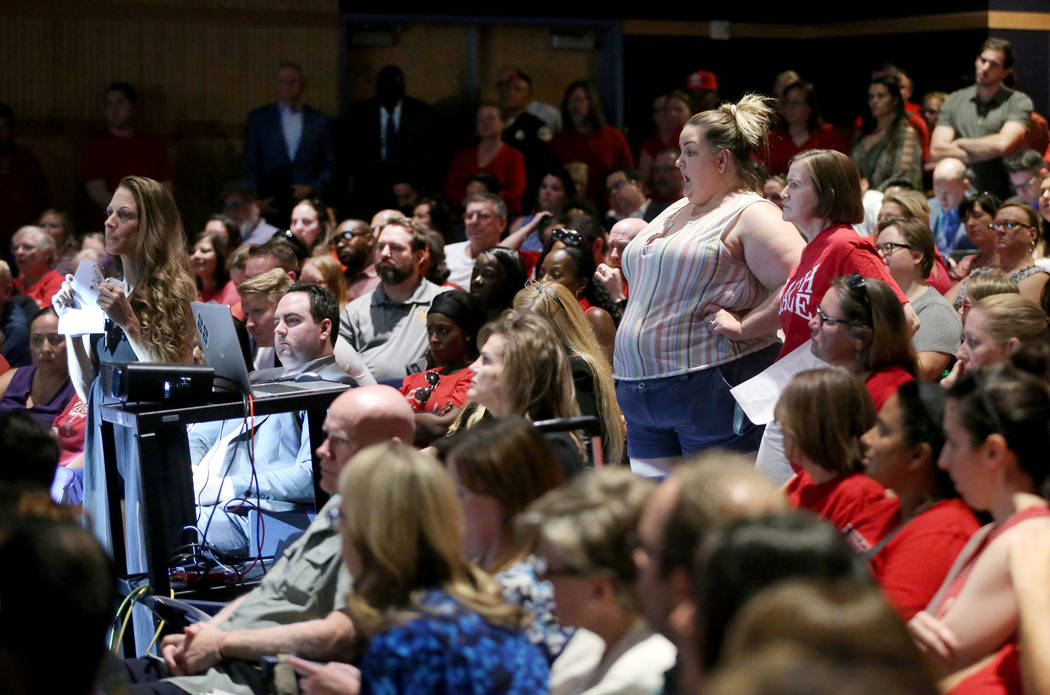 Attendees demand to speak after public comment was called off during a Clark County School Dist ...