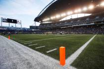 Pylons mark the modified end zone during the first half of an NFL preseason football game betwe ...