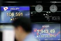 Screens showing the Korea Composite Stock Price Index (KOSPI) and the foreign exchange rates ar ...