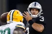 Oakland Raiders quarterback Nathan Peterman (3) throws a pass against the Green Bay Packers dur ...