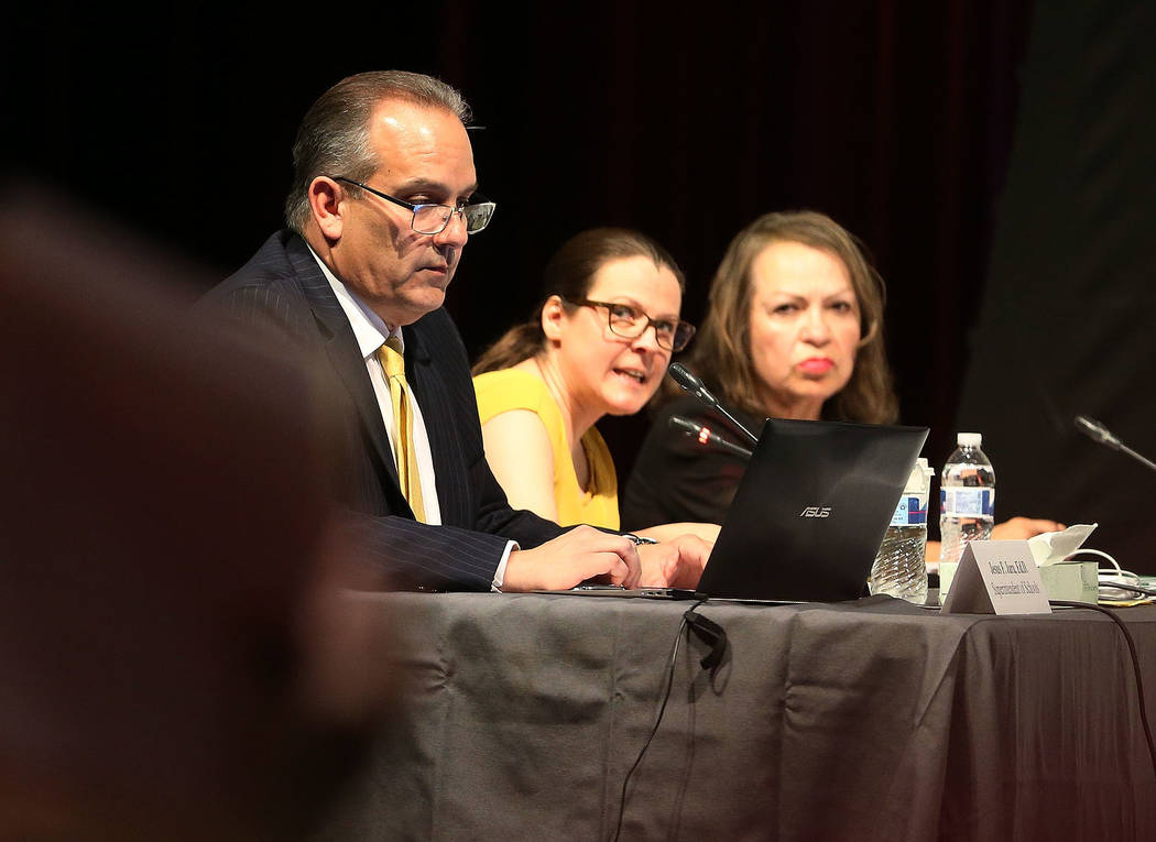 Clark County School District Superintendent Jesus Jara from left, CCSD Board of Trustees Presid ...