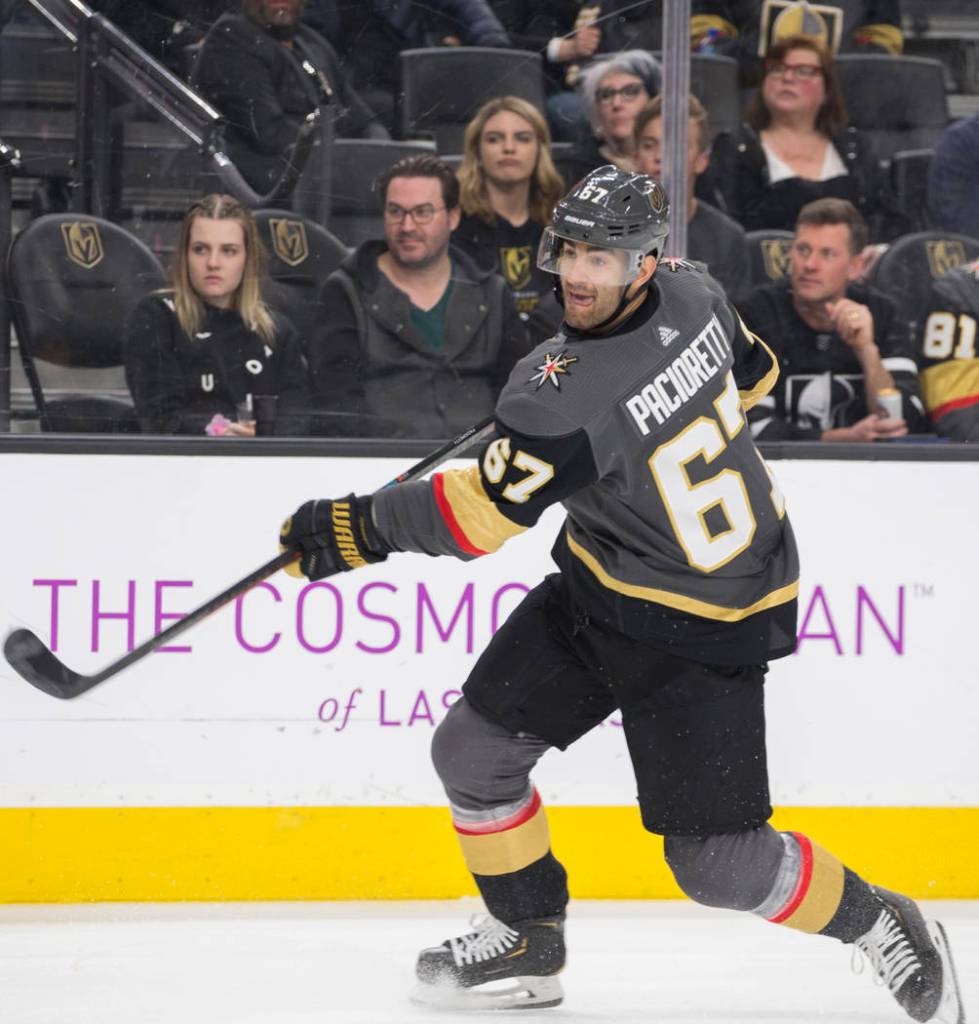 Golden Knights left wing Max Pacioretty (67) on Friday, March 29, 2019, at T-Mobile Arena, in L ...