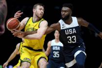 Australia's Nicholas Kay and United States Jaylen Brown compete for the ball during their exhib ...