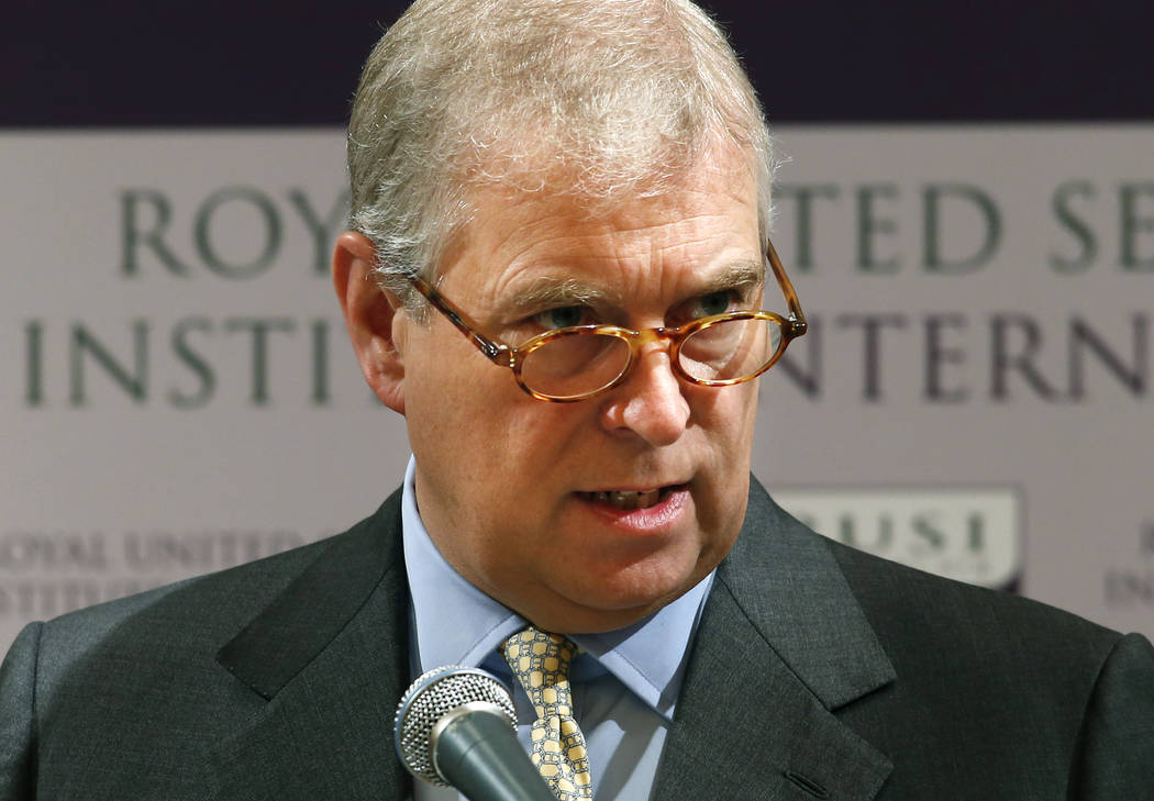 FILE - In this Tuesday, Oct. 1, 2013 file photo, Britain's Prince Andrew delivers the keynote s ...