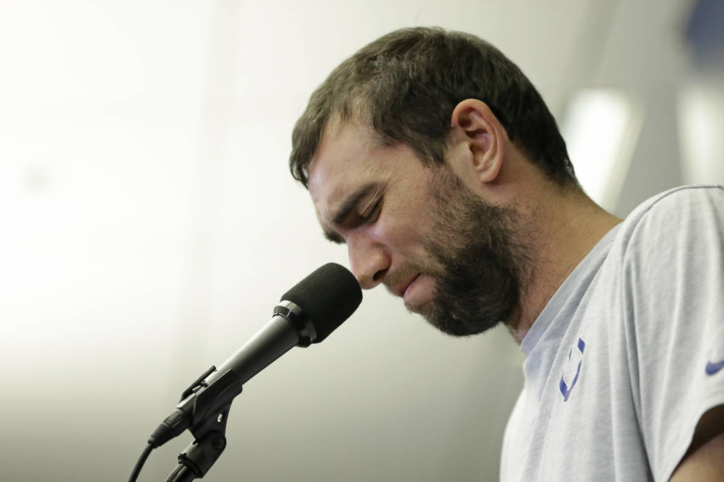 Indianapolis Colts quarterback Andrew Luck speaks during a news conference following the team's ...