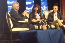 Clark County Department of Aviation Director Rosemary Vassiliadis talks with Mike Boyd, preside ...