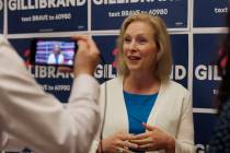 Democratic presidential candidate Sen. Kirsten Gillibrand, D-N.Y., speaks to a reporter after a ...
