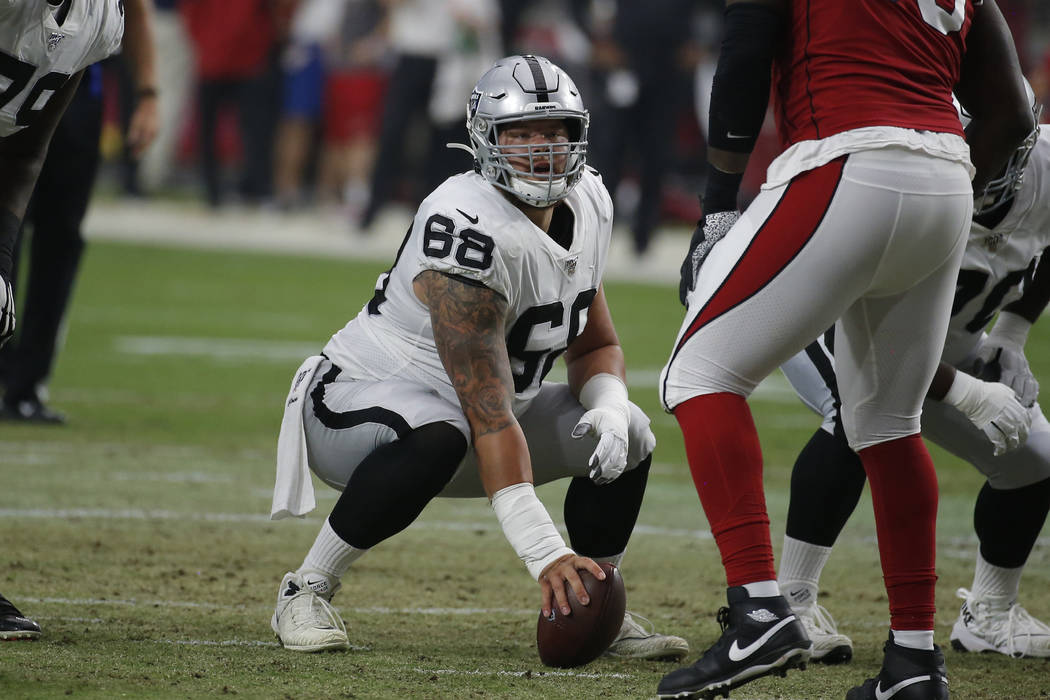 Oakland Raiders offensive tackle Andre James (68) during an an NFL preseason football game agai ...