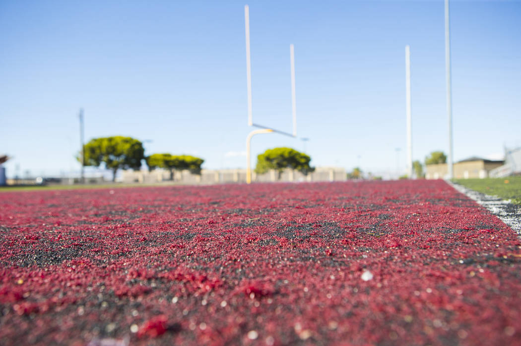 A view of the deteriorating turf at the football field at Valley High School in Las Vegas on We ...