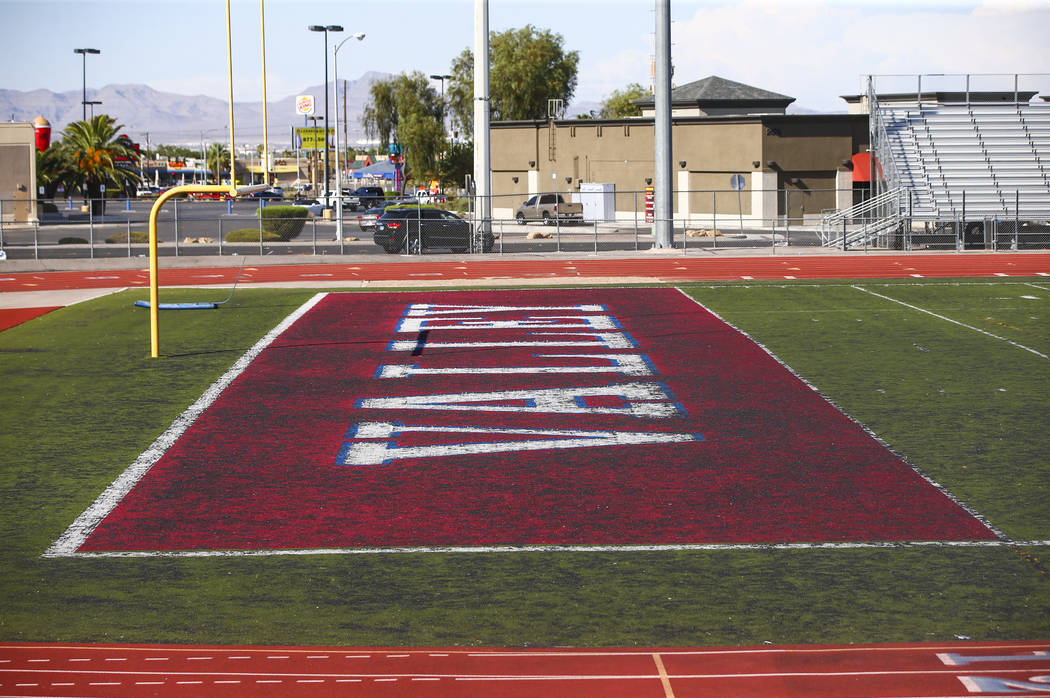 A view of the deteriorating turf at the football field at Valley High School in Las Vegas on We ...