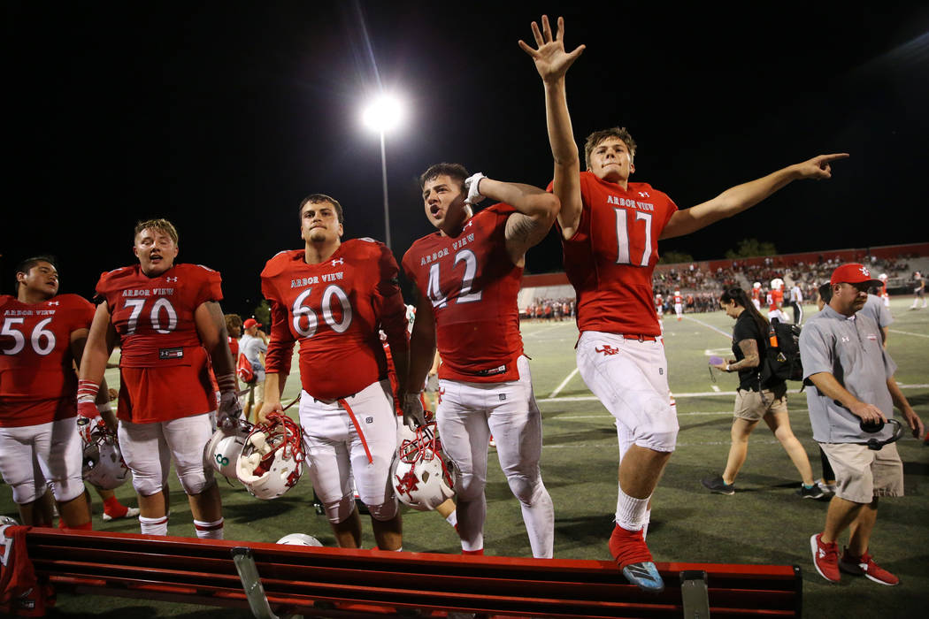 Arbor View's Xander Quenga (56), Tyler Kincheloe (70), Alex Rago (60), Myles Alvarez (42) and K ...