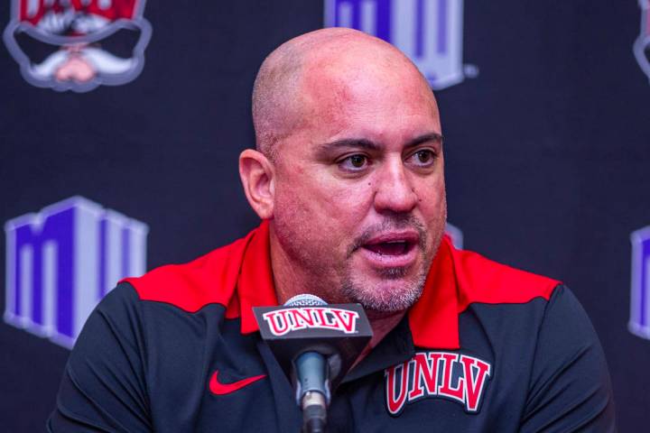 UNLV football head coach Tony Sanchez answers questions by media during a news conference on Mo ...