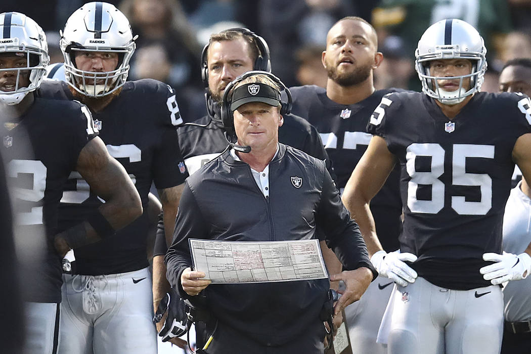 Oakland Raiders coach Jon Gruden, center, watches during the first half of the team's NFL prese ...