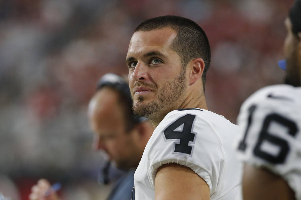 Oakland Raiders quarterback Derek Carr (4) during an an NFL preseason football game against the ...