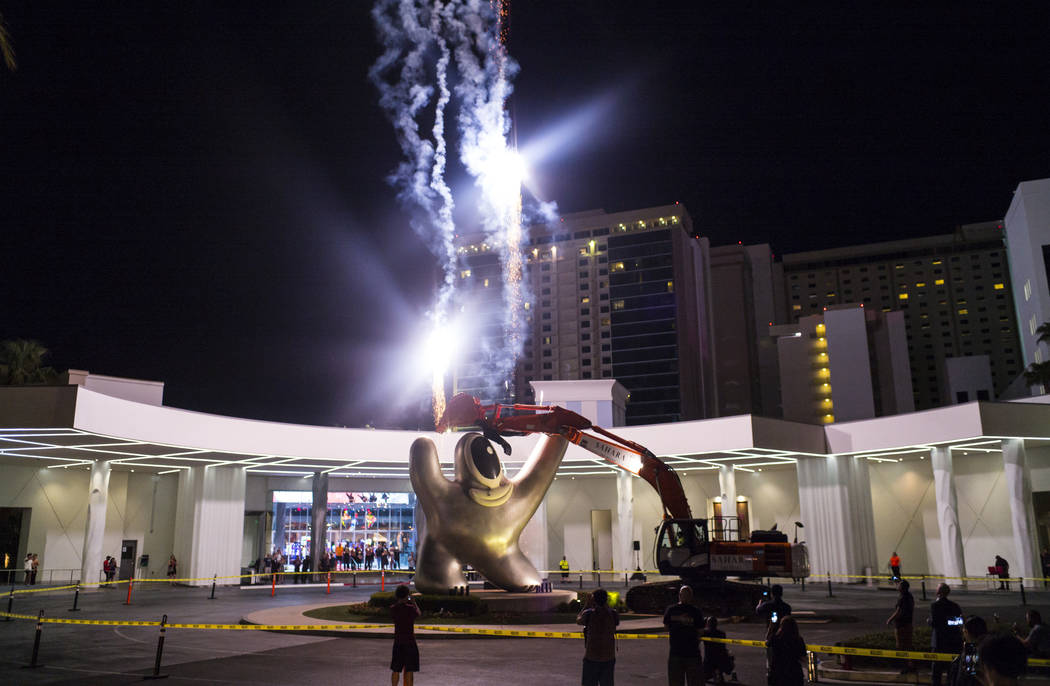 Fireworks go off prior to the removal of the "Sam by Starck" statue at the SLS Las Vegas ahead ...