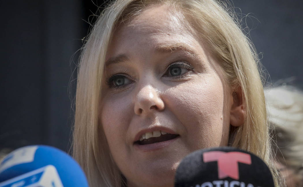 Virginia Roberts Giuffre, a sexual assault victim, speak during a press conference outside a Ma ...