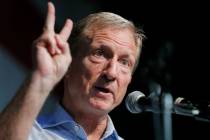 Democratic presidential candidate and businessman Tom Steyer speaks Aug. 9, 2019, at the Iowa D ...